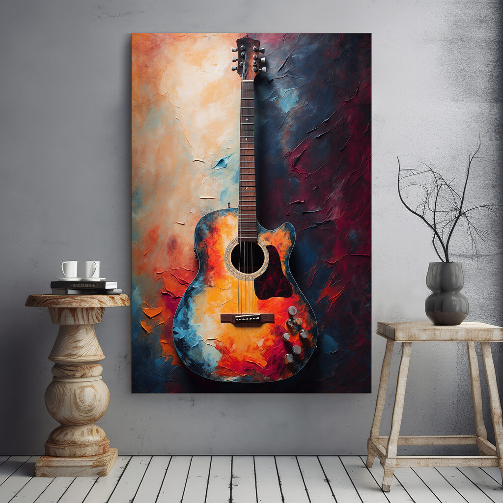 Guitarra entre tonos cálidos en un interior