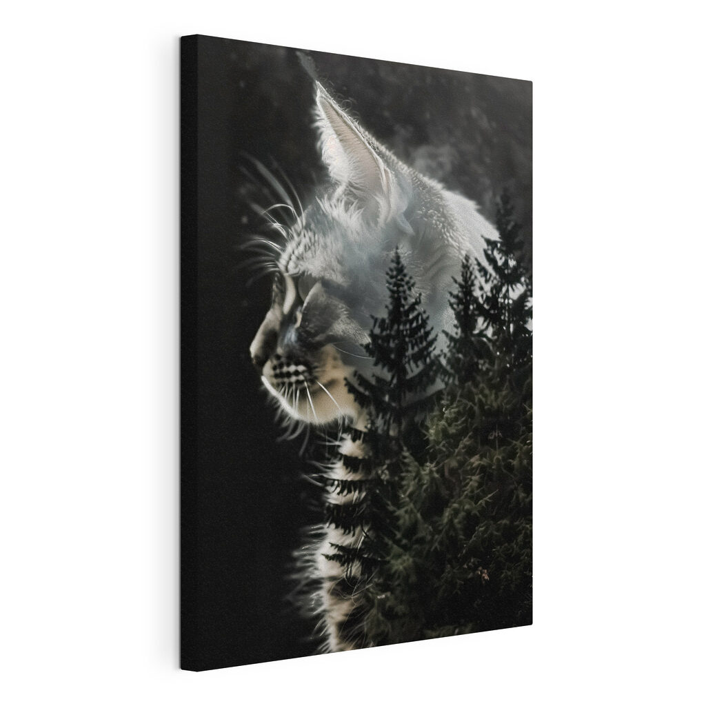 Gato en el bosque, lienzo tensado con el borde envolvente