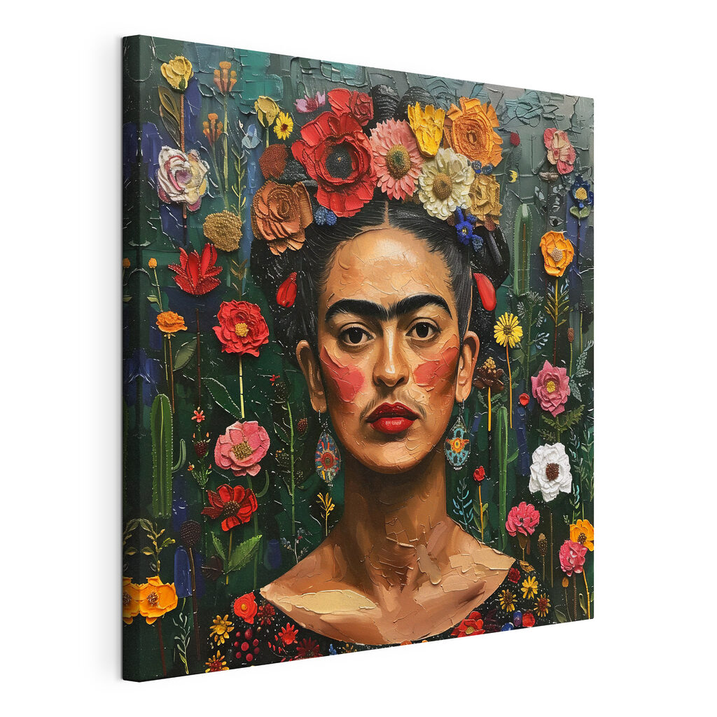 Frida entre flores, lienzo tensado con el borde envolvente