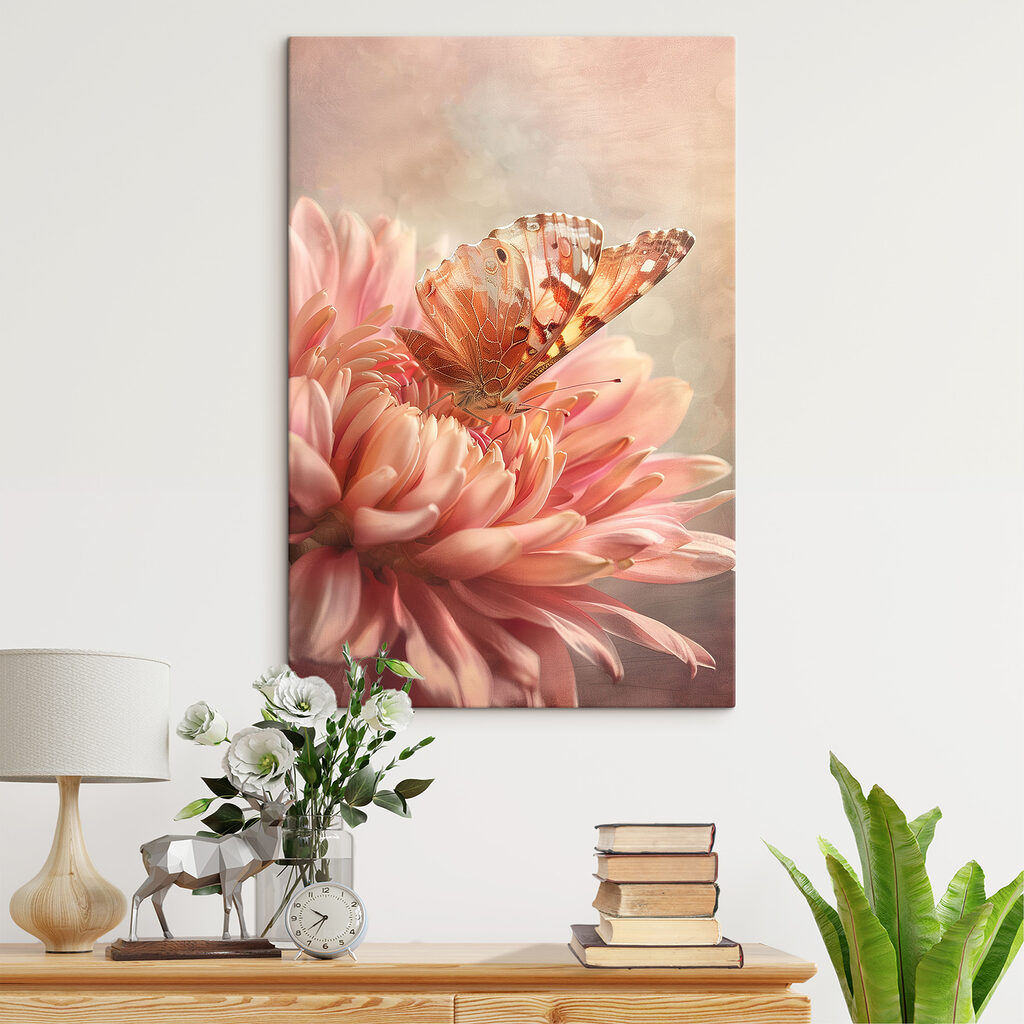 Mariposa sobre flor rosa en un interior