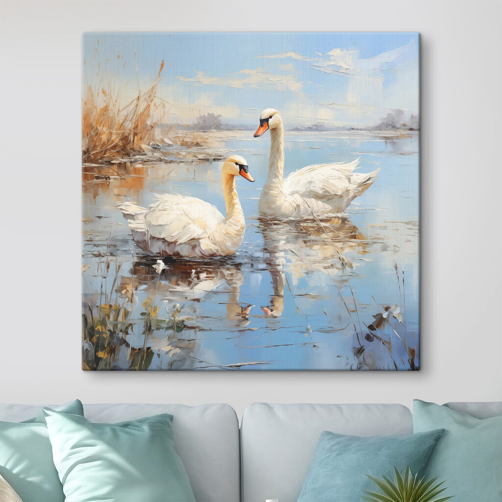 Cisnes en lago primaveral en un interior