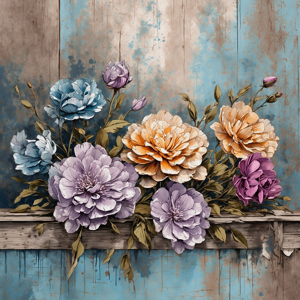 Flores sobre borde azul — diseño completo