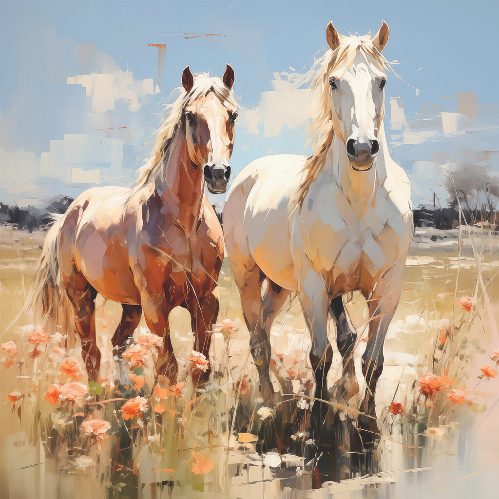 Dos caballos entre flores — diseño completo