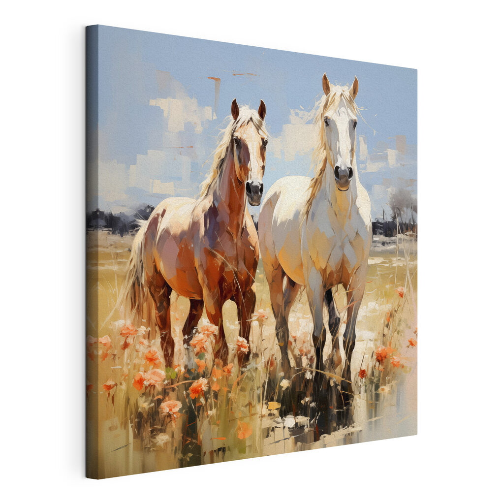 Dos caballos entre flores, lienzo tensado con el borde envolvente