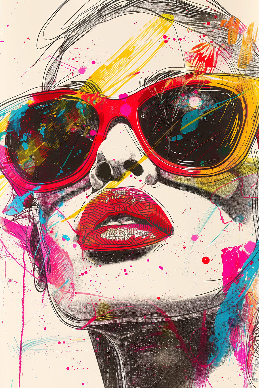 Mujer con gafas rojas — diseño completo