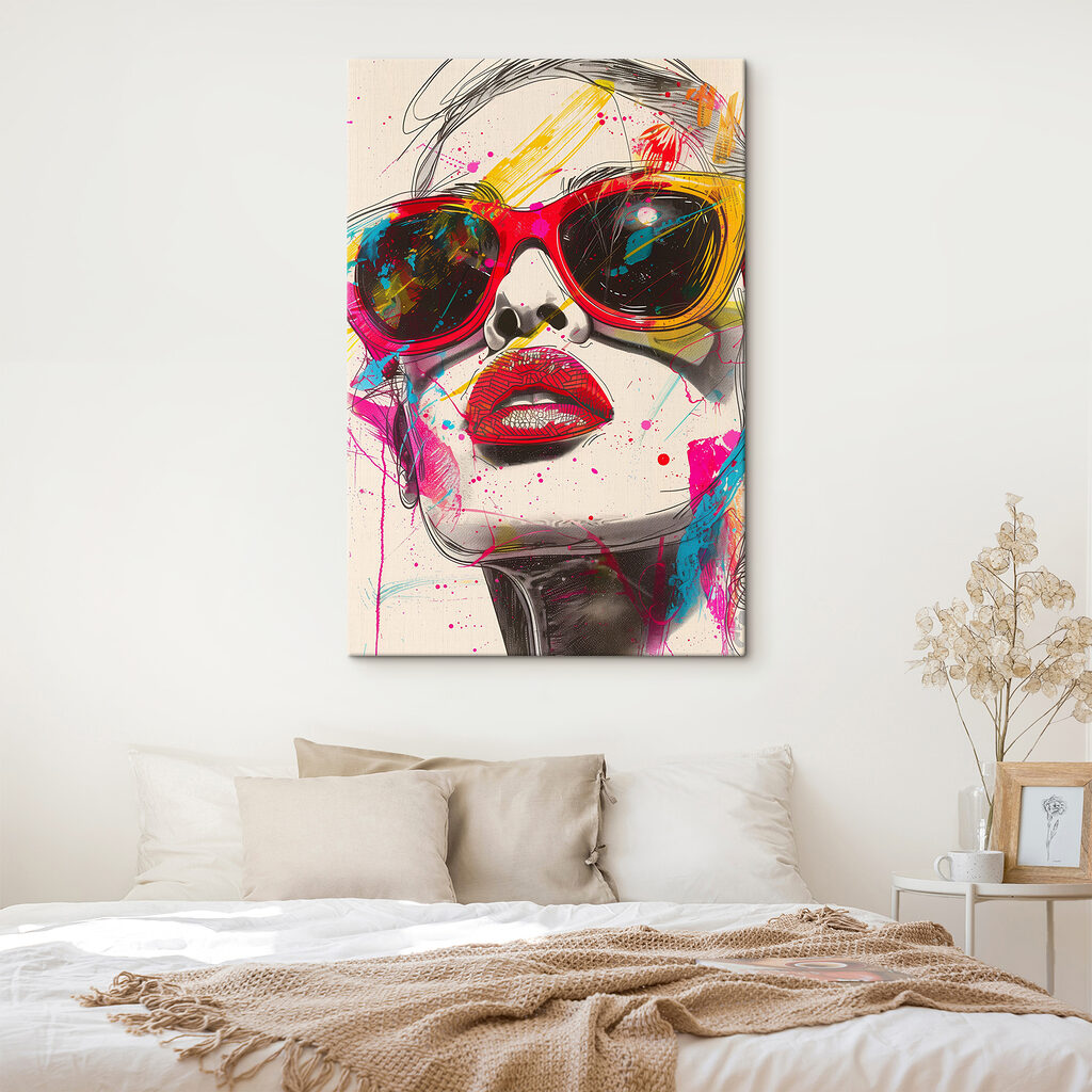Mujer con gafas rojas — interior 1