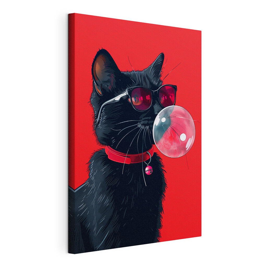 Gato negro, chicle rosa, lienzo tensado con el borde envolvente