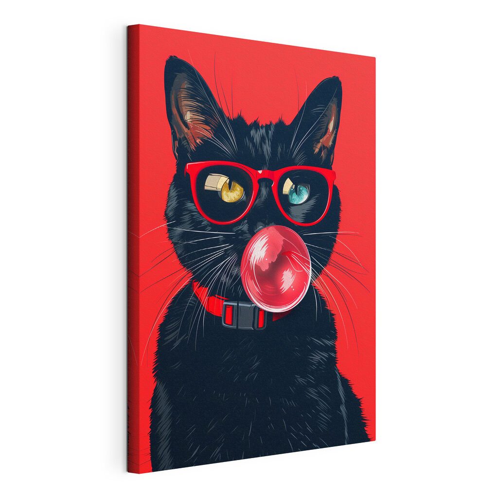 Gato con gafas rojas, lienzo tensado con el borde envolvente