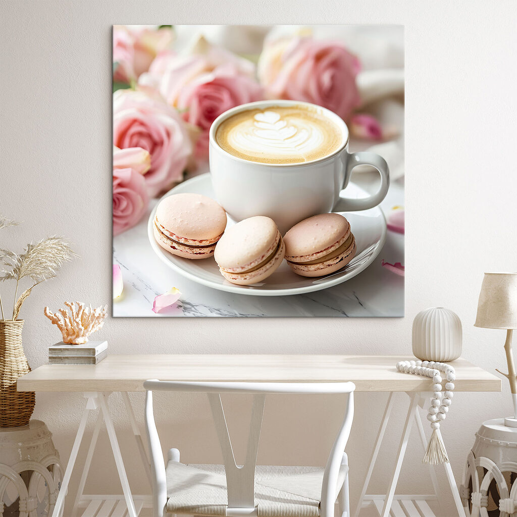 Capuchino con macarons en un interior