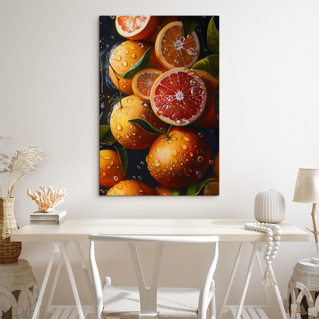 Naranjas entre hojas oscuras en un interior