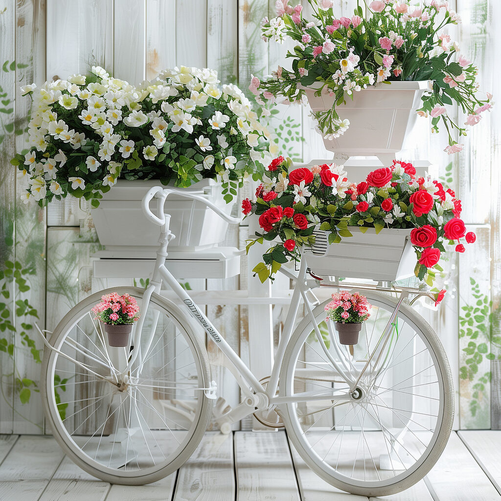 Bicicleta blanca, rosas rojas — diseño completo