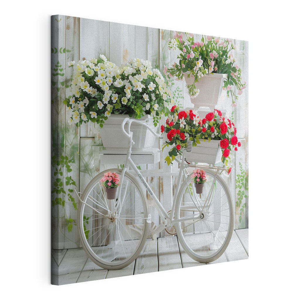 Bicicleta blanca, rosas rojas, lienzo tensado con el borde envolvente