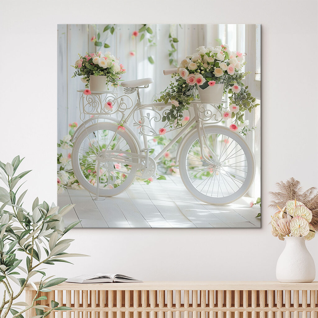 Bicicleta con flores rosas en un interior