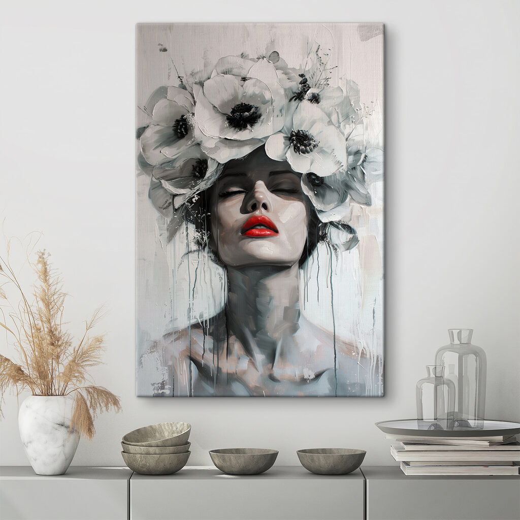 Labios rojos, flores blancas en un interior