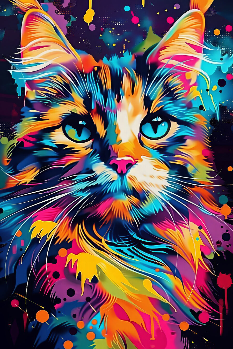 Gato entre salpicaduras — diseño completo
