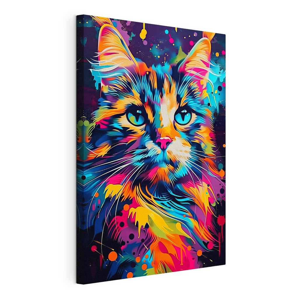 Gato entre salpicaduras, lienzo tensado con el borde envolvente