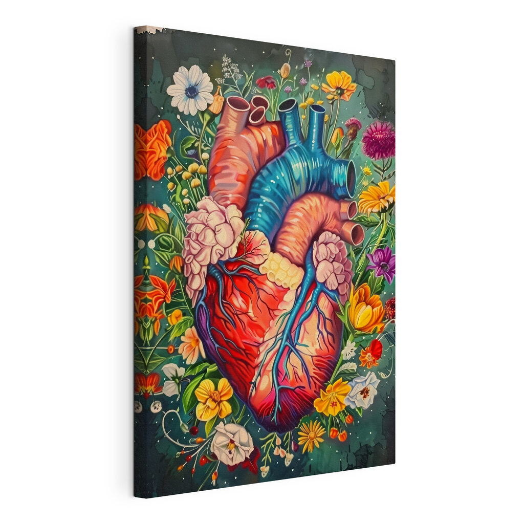 Corazón entre flores, lienzo tensado con el borde envolvente