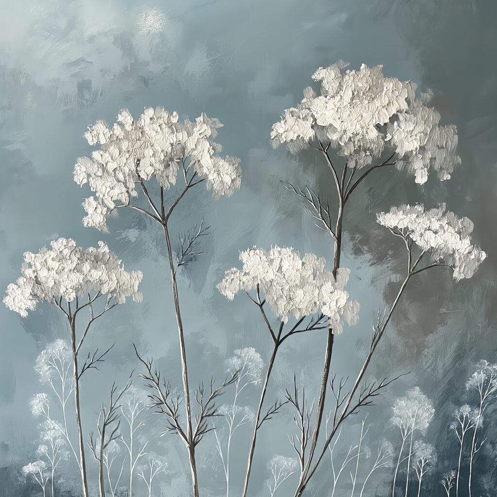 Umbelas blancas sobre gris — diseño completo