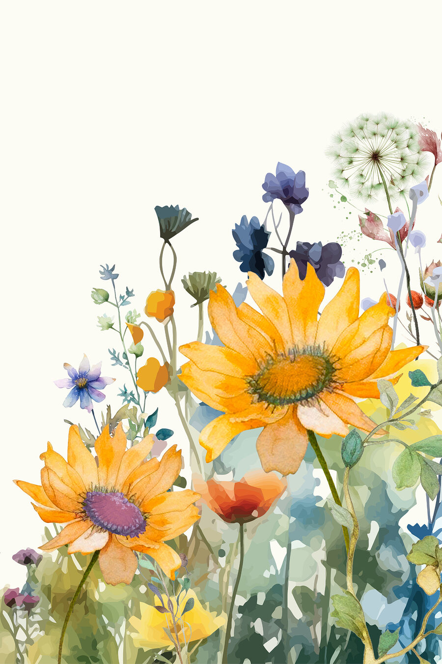 Girasoles entre flores azules — diseño completo