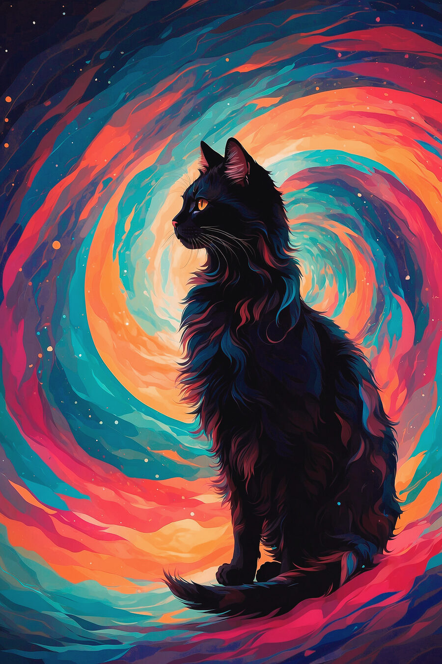Gato negro en remolino — diseño completo