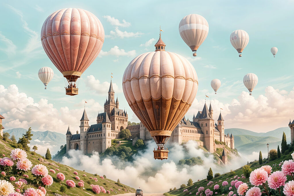 Globos sobre castillo soñado — diseño completo