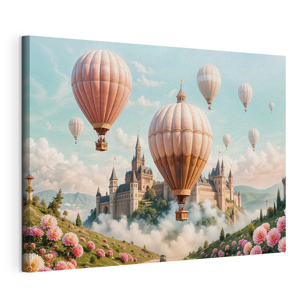 Globos sobre castillo soñado, lienzo tensado con el borde envolvente