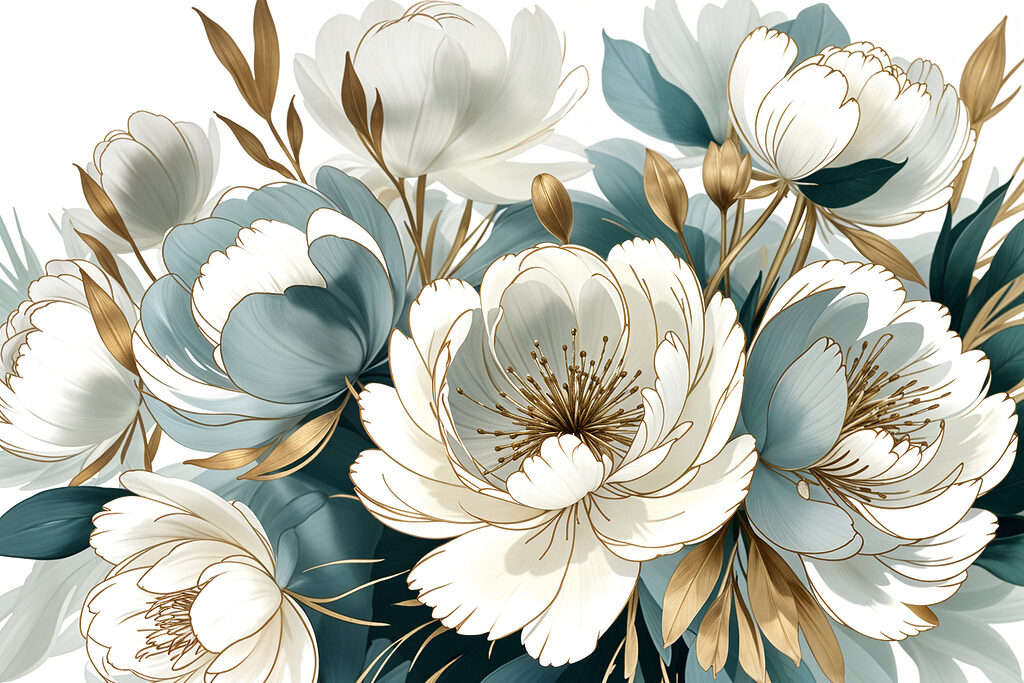 Flores blancas, sombras azules — diseño completo