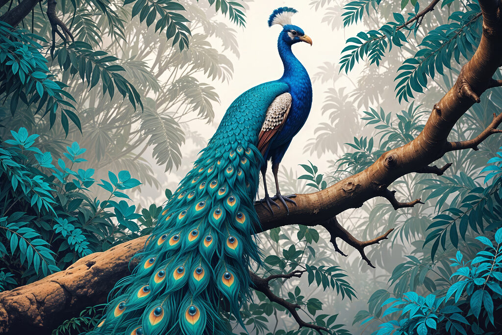 Pavo real entre hojas — diseño completo