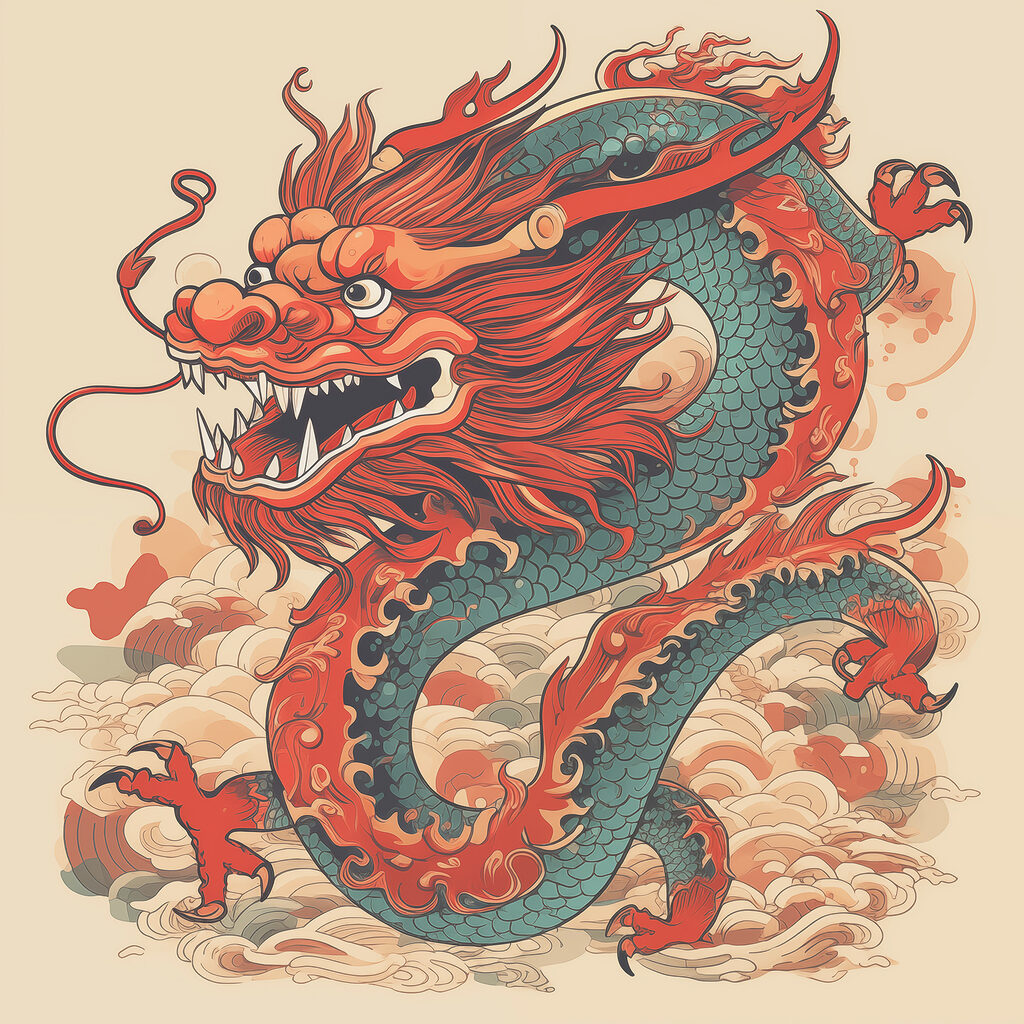 Dragón entre nubes rizadas — diseño completo