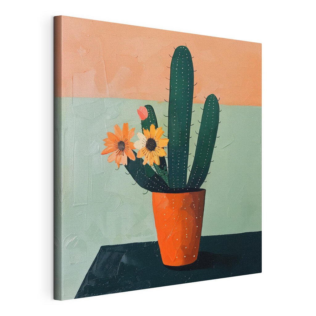 Cactus con flores naranjas, lienzo tensado con el borde envolvente