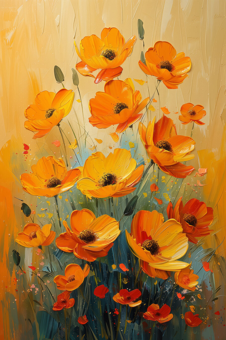 Flores naranjas sobre amarillo — diseño completo