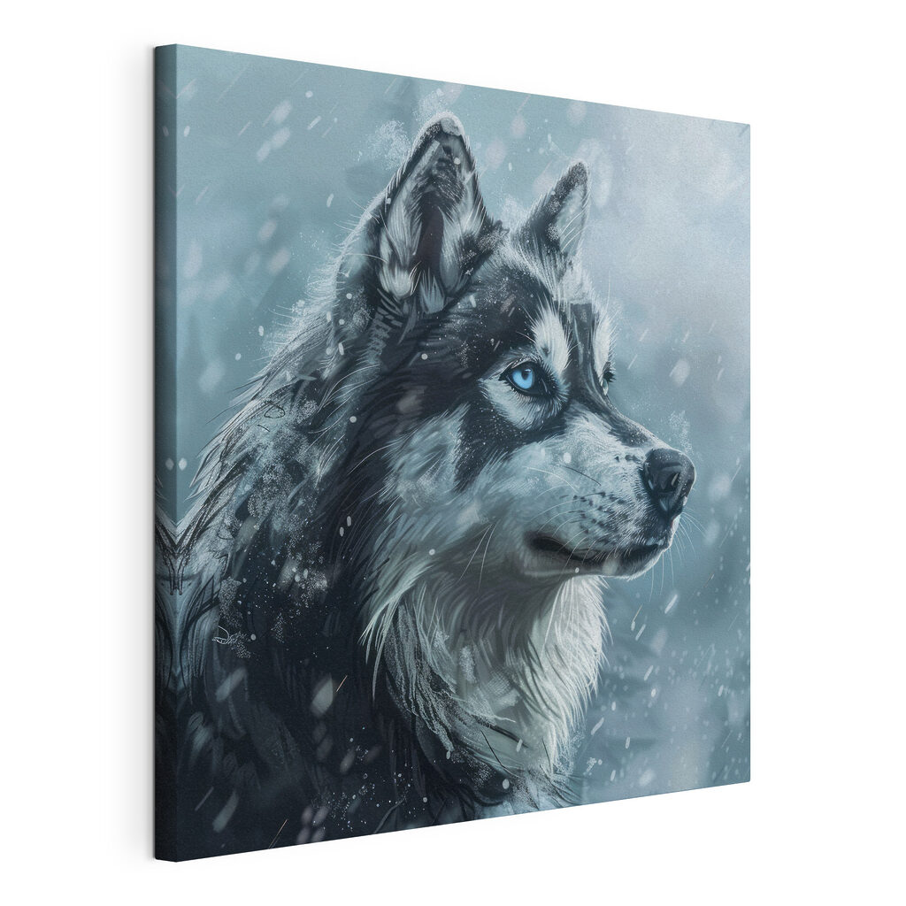 Husky en la nieve, lienzo tensado con el borde envolvente