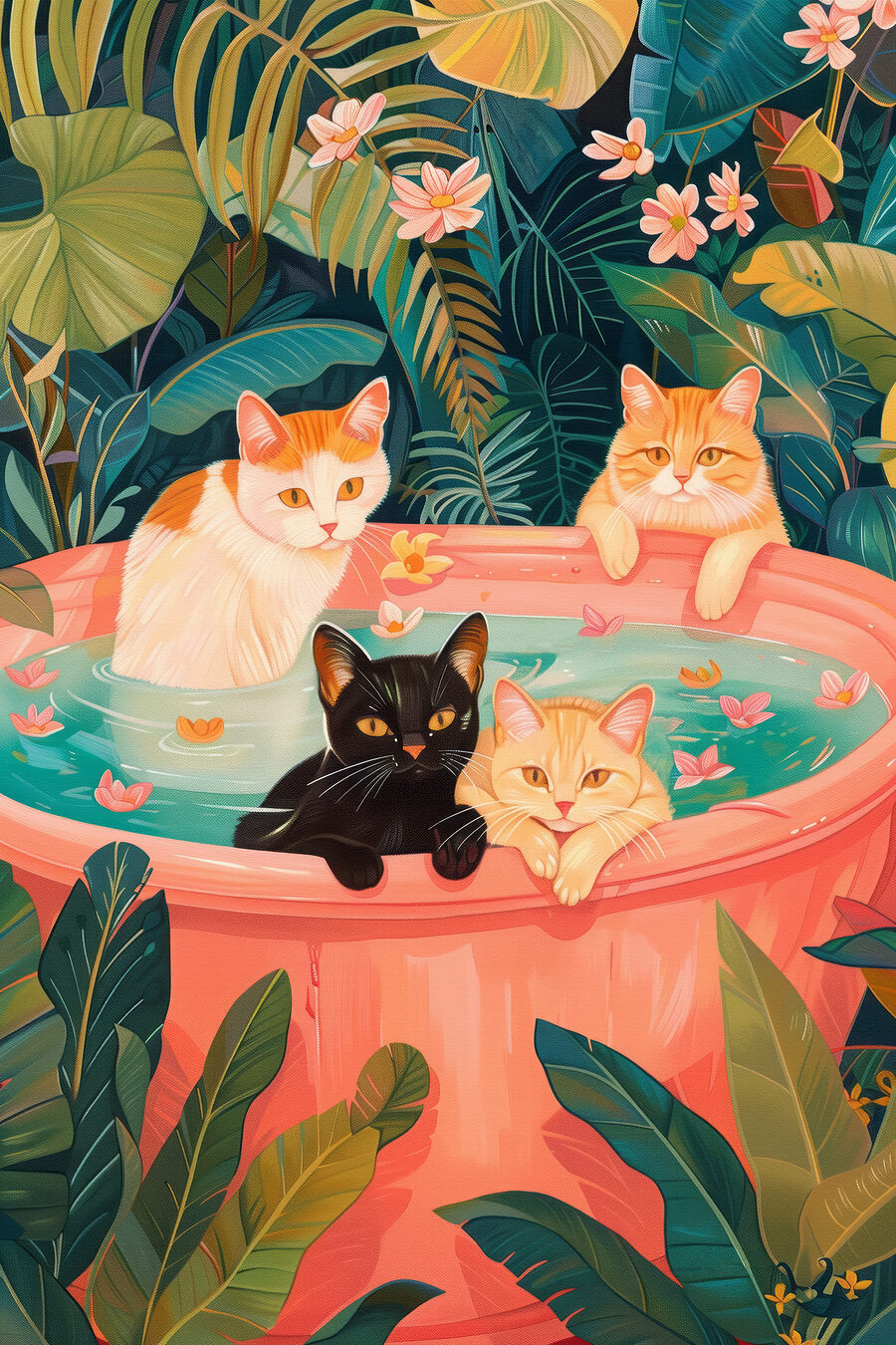 Gatos en baño tropical — diseño completo