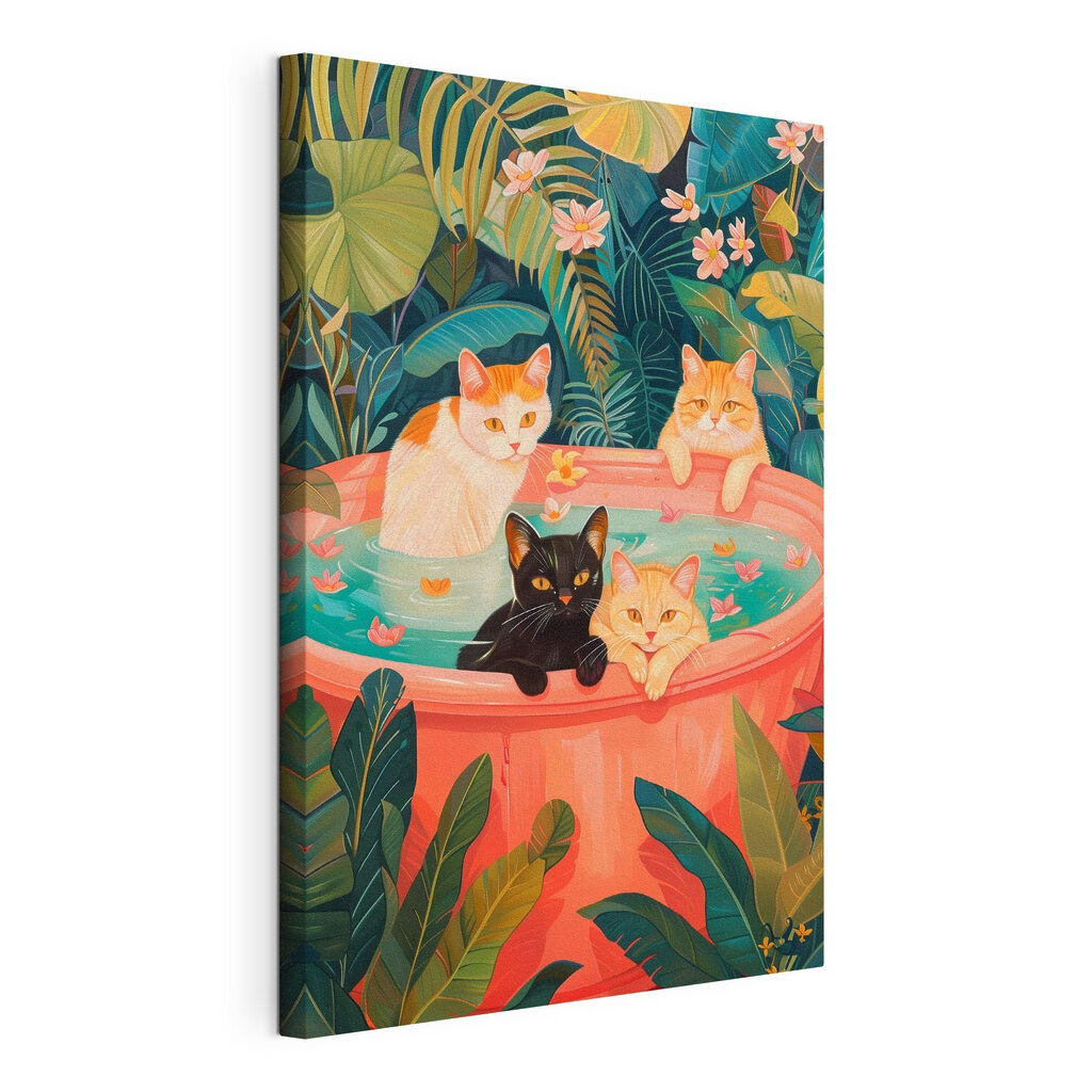 Gatos en baño tropical, lienzo tensado con el borde envolvente