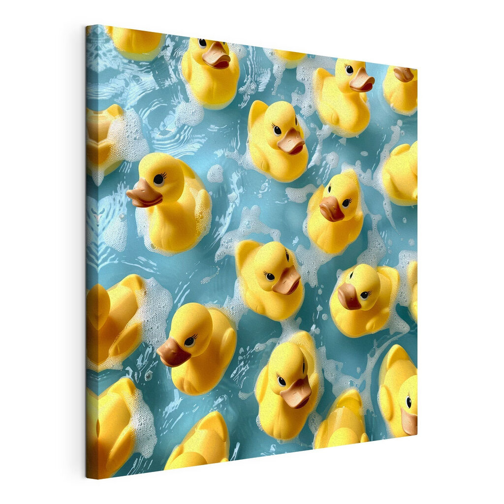 Patitos sobre agua azul, lienzo tensado con el borde envolvente