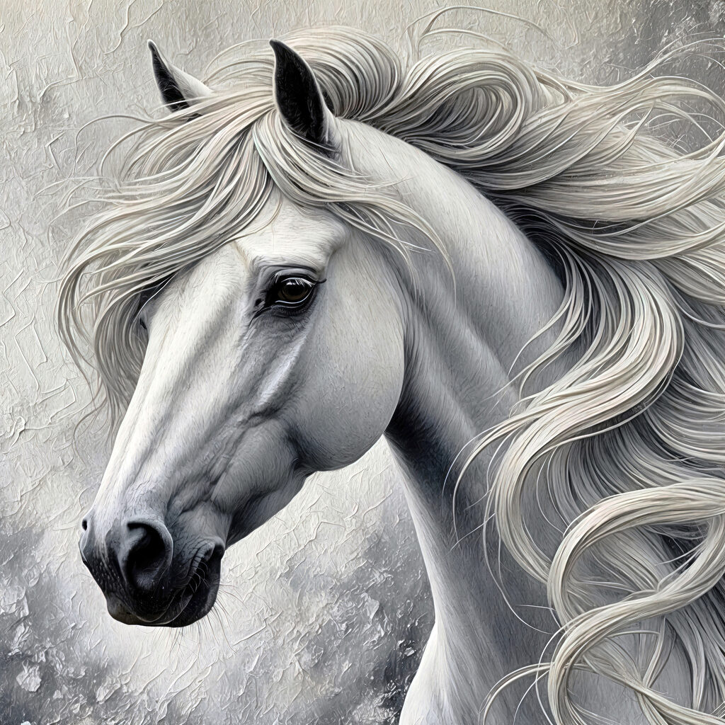 Caballo blanco, crines onduladas — diseño completo