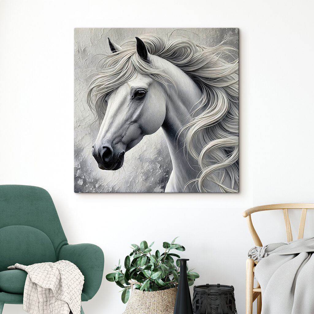Caballo blanco, crines onduladas — interior 1