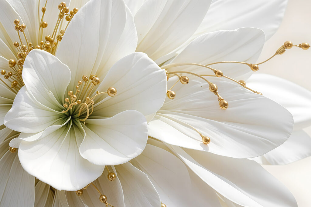 Flor blanca, capullos dorados — diseño completo