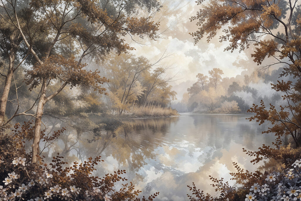Lago rodeado de árboles — diseño completo