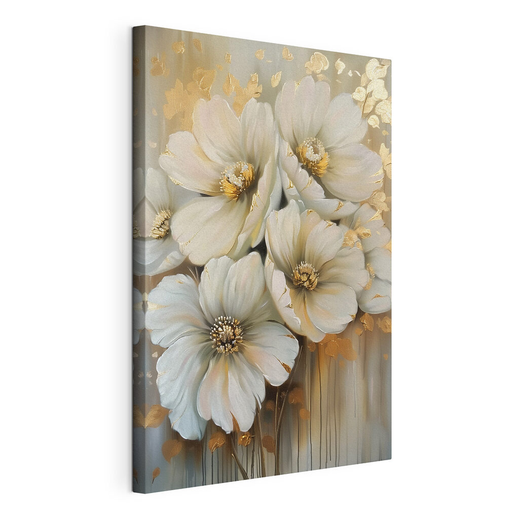 Flores crema con pintura, lienzo tensado con el borde envolvente