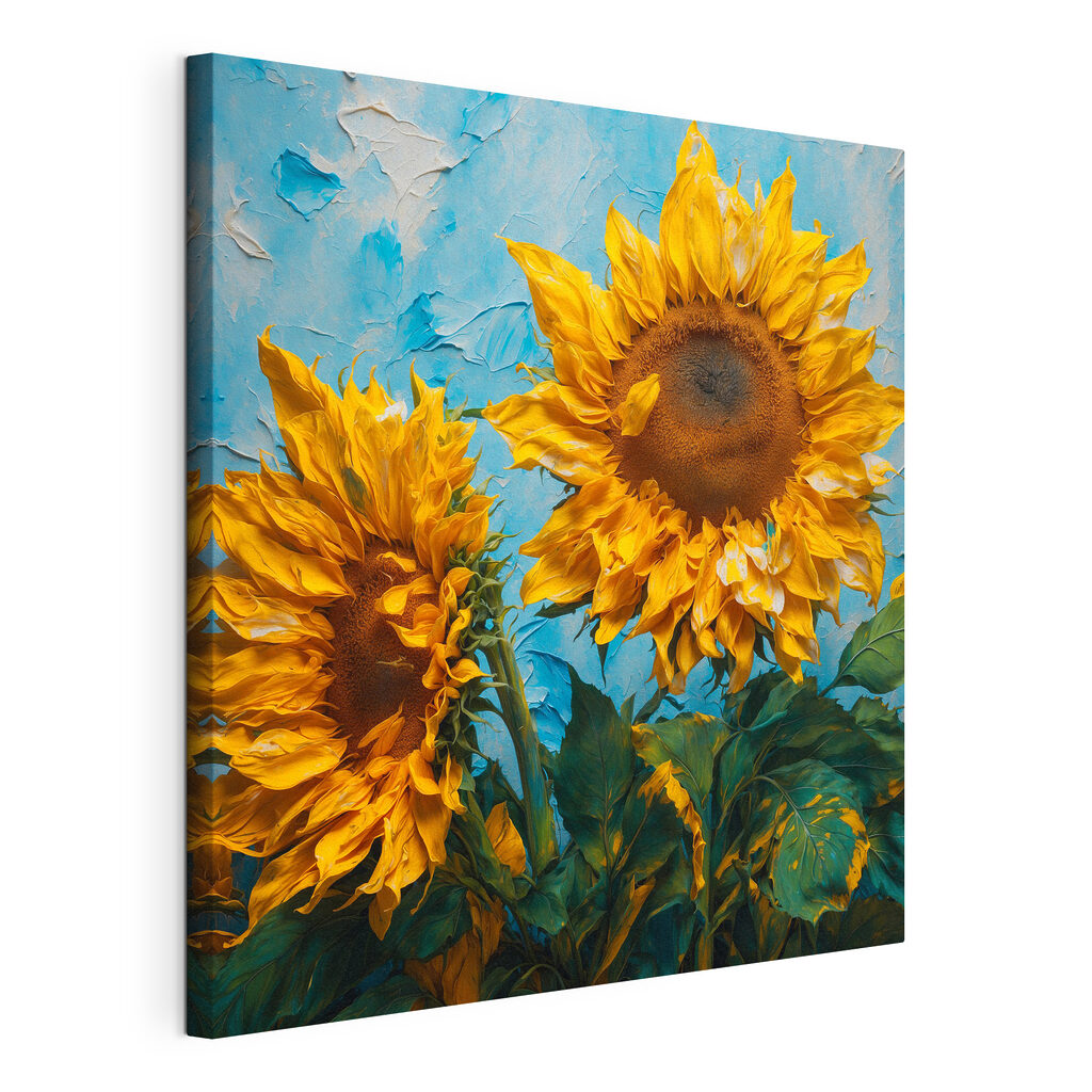 Girasoles contra azul cielo, lienzo tensado con el borde envolvente