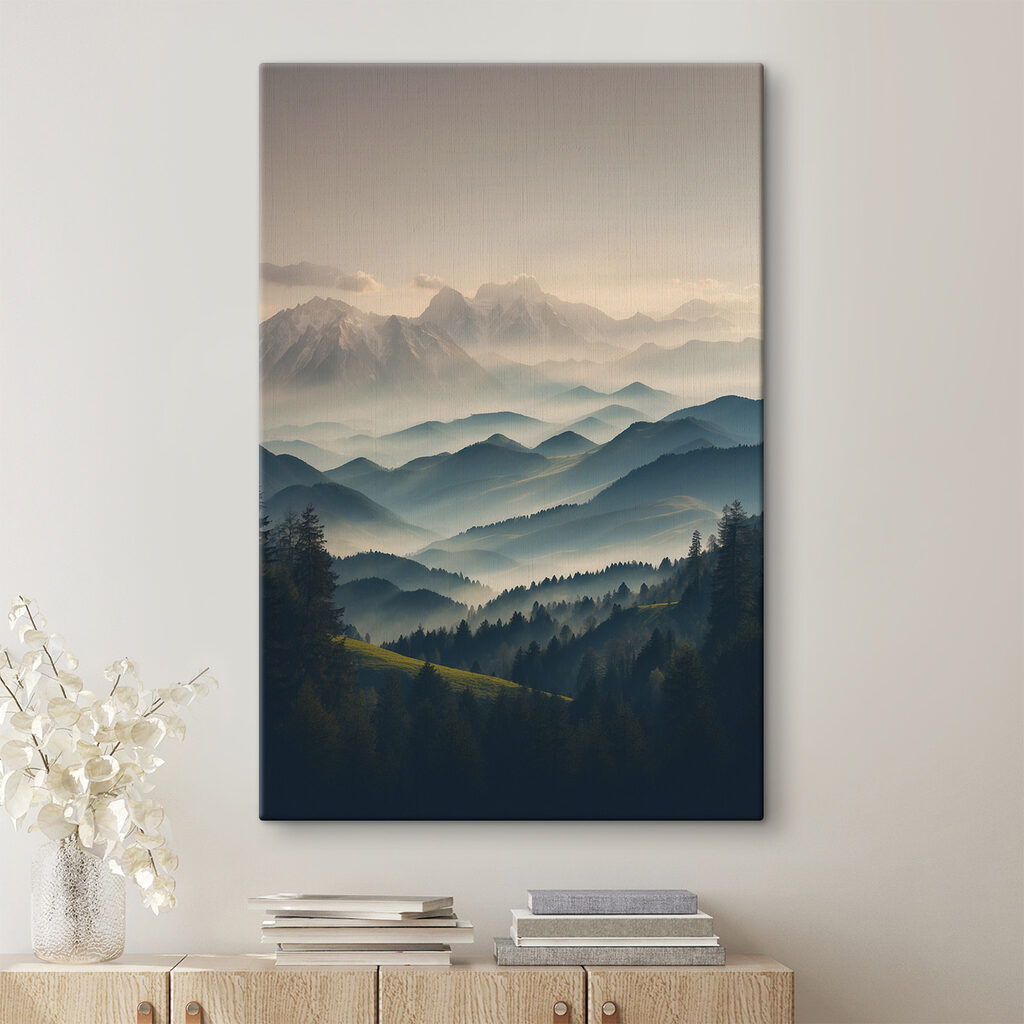 Montañas en niebla matinal en un interior