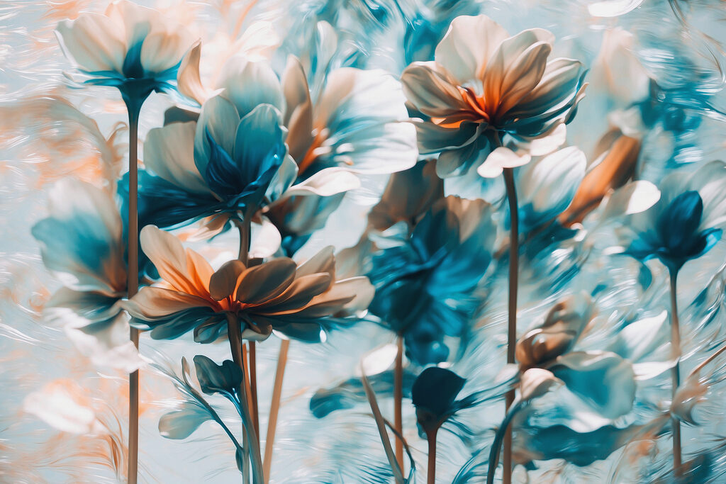 Flores azules sobre tallos — diseño completo