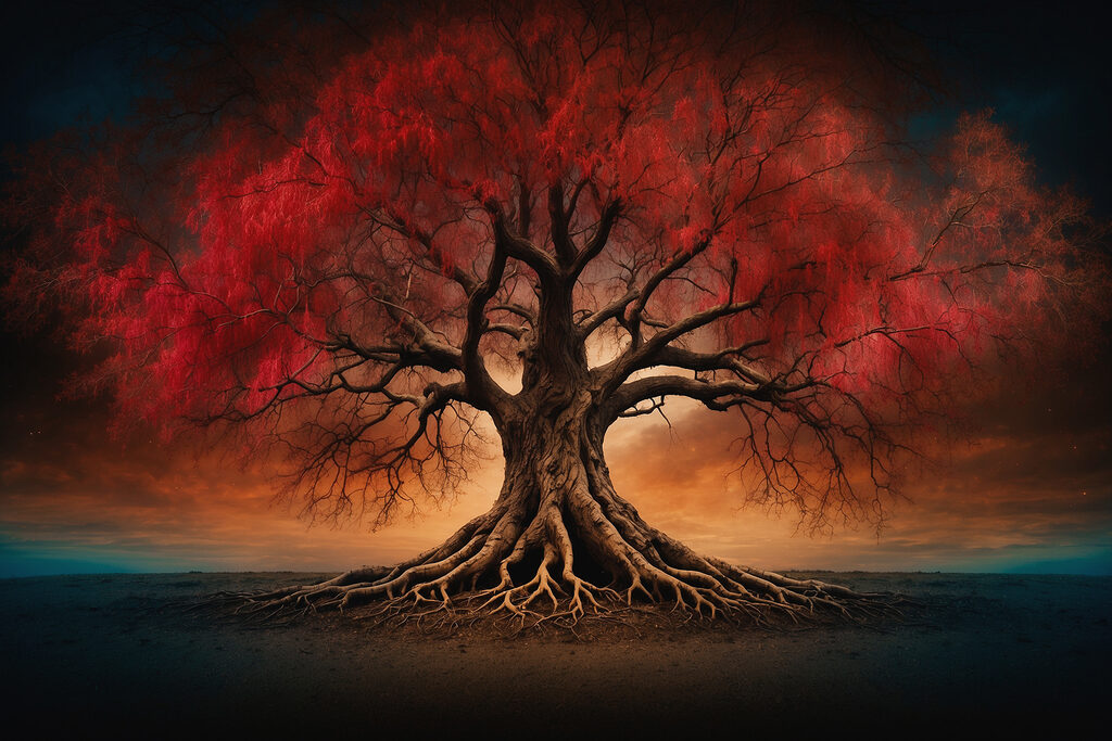 Árbol rojo de raíces — diseño completo