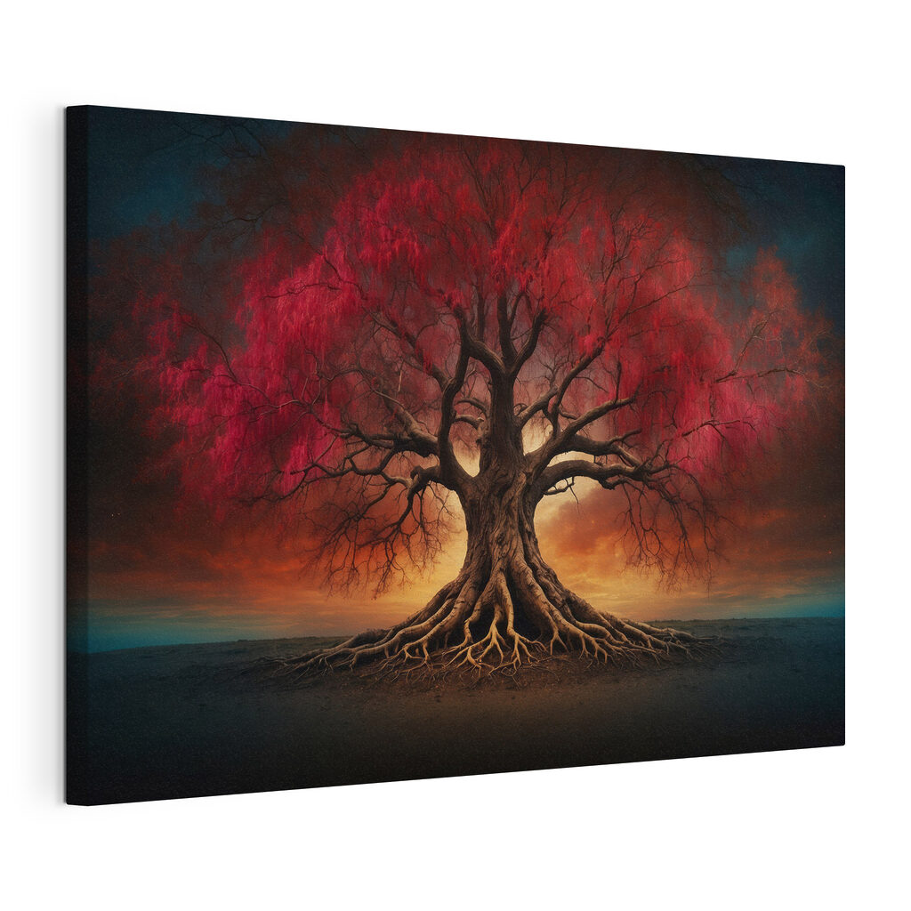 Árbol rojo de raíces, lienzo tensado con el borde envolvente