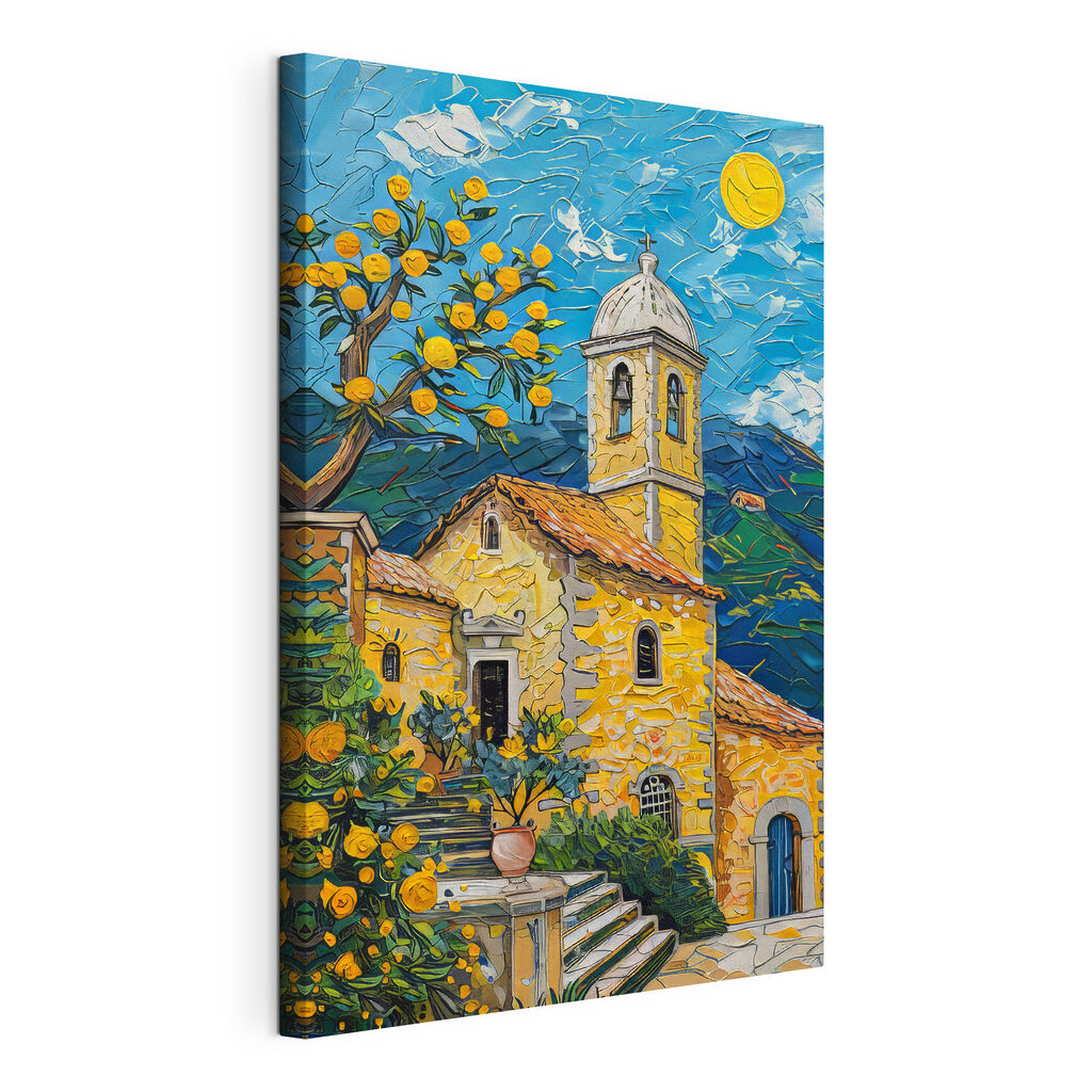 Capilla amarilla y estrellas, lienzo tensado con el borde envolvente