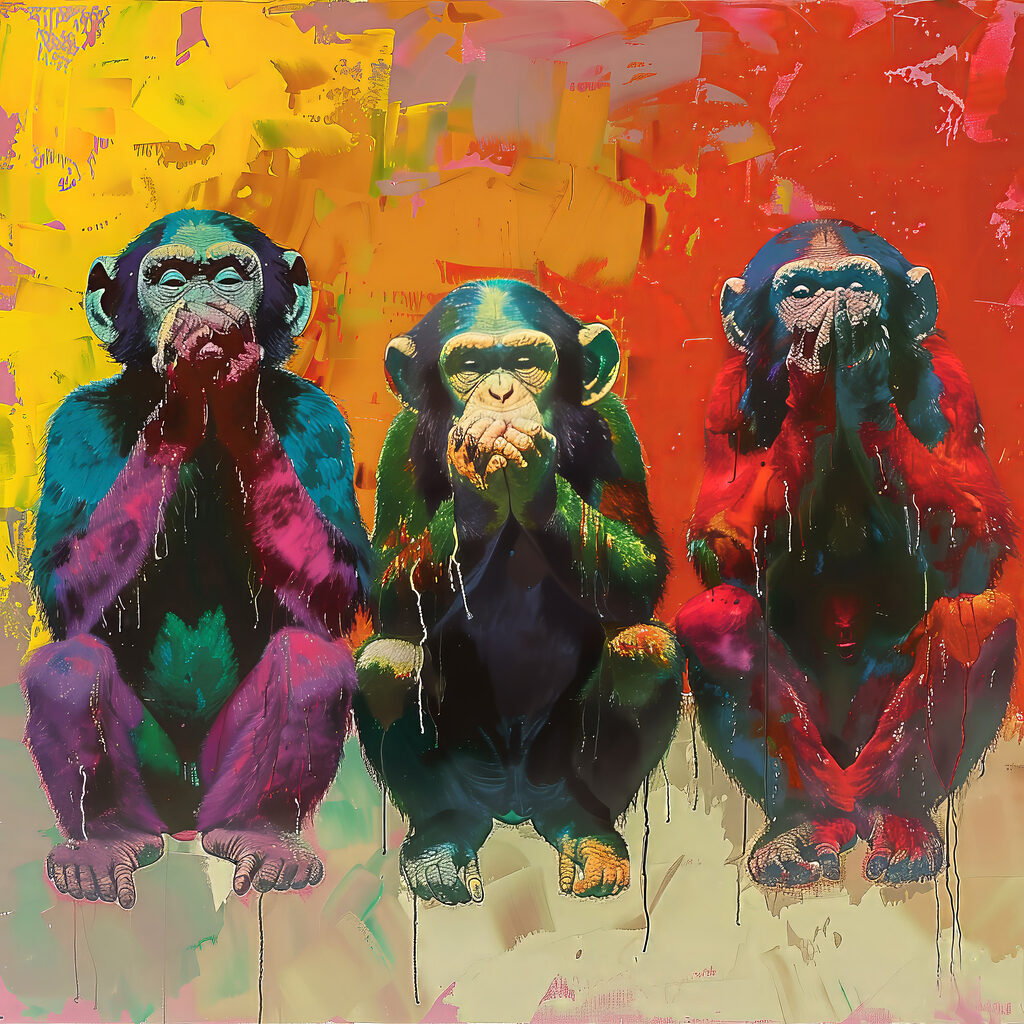 Tres monos guardan silencio — diseño completo