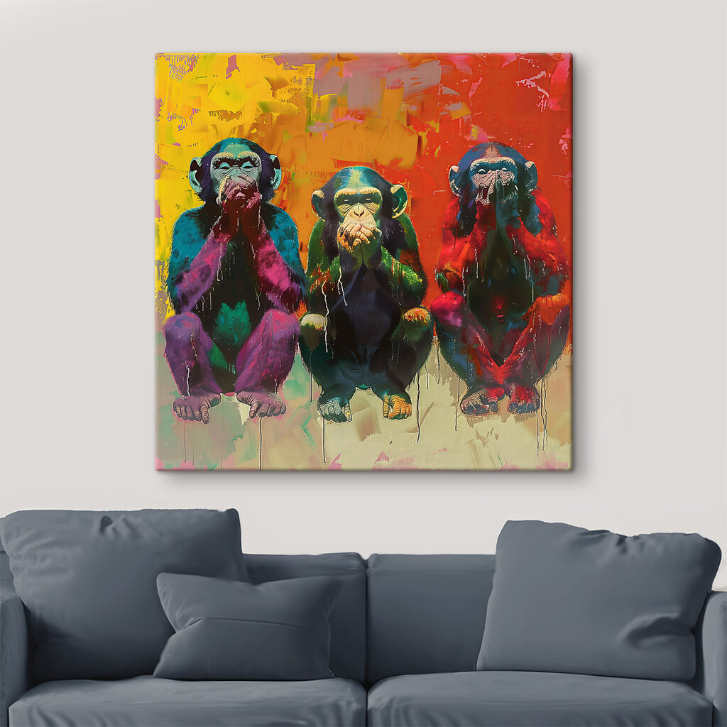 Tres monos guardan silencio en un interior