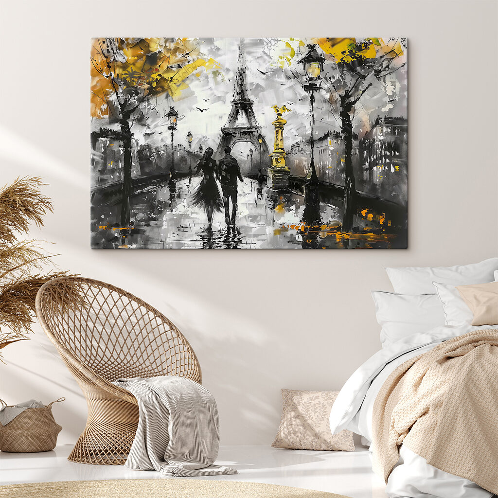 París entre hojas amarillas en un interior