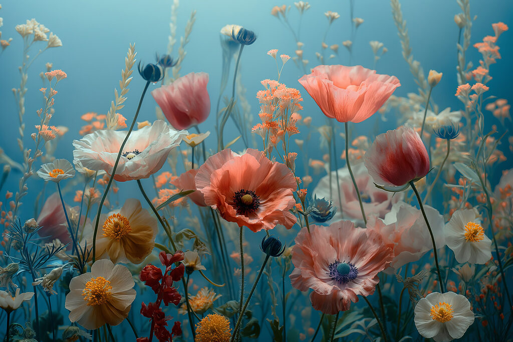 Amapolas bajo cielo turquesa — diseño completo